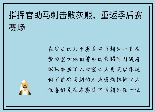 指挥官助马刺击败灰熊，重返季后赛赛场