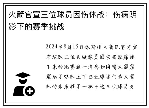 火箭官宣三位球员因伤休战：伤病阴影下的赛季挑战