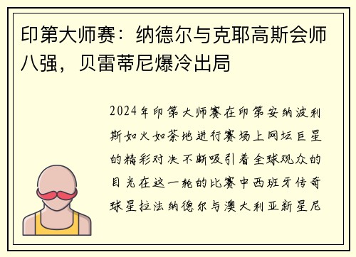 印第大师赛：纳德尔与克耶高斯会师八强，贝雷蒂尼爆冷出局